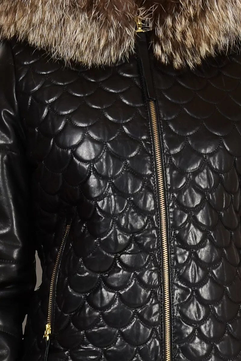 Кожаный пуховик с мехом КК-127 ч цвет Черный фото